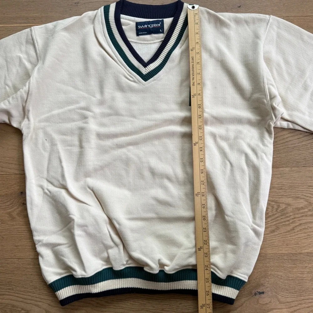 Swingster Vintage Mens‎ V-Neck Sweatshirt Cream Collegiate Striped Large USA